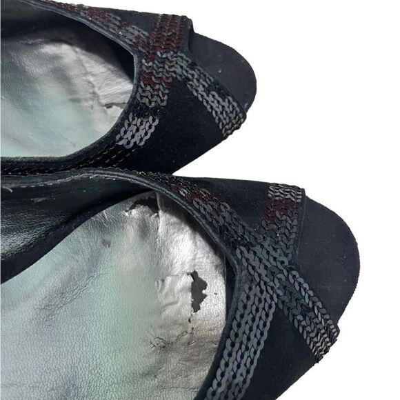 Loft Stacy Suede Open Toe Heels 6.5 Sequin Embellished Black - Picture 10 of 13